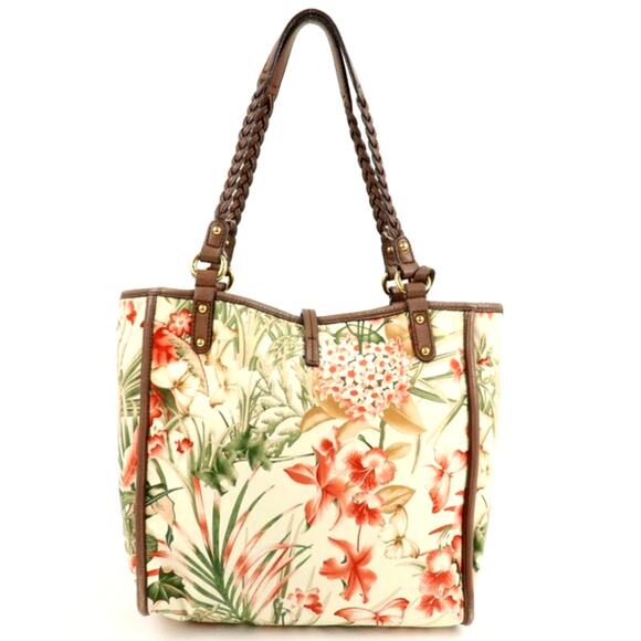 💎✨AUTHENTIC✨💎Ferragamo Gancini Leather Nylon Tote Bag Ivory Multicolor - Picture 3 of 15